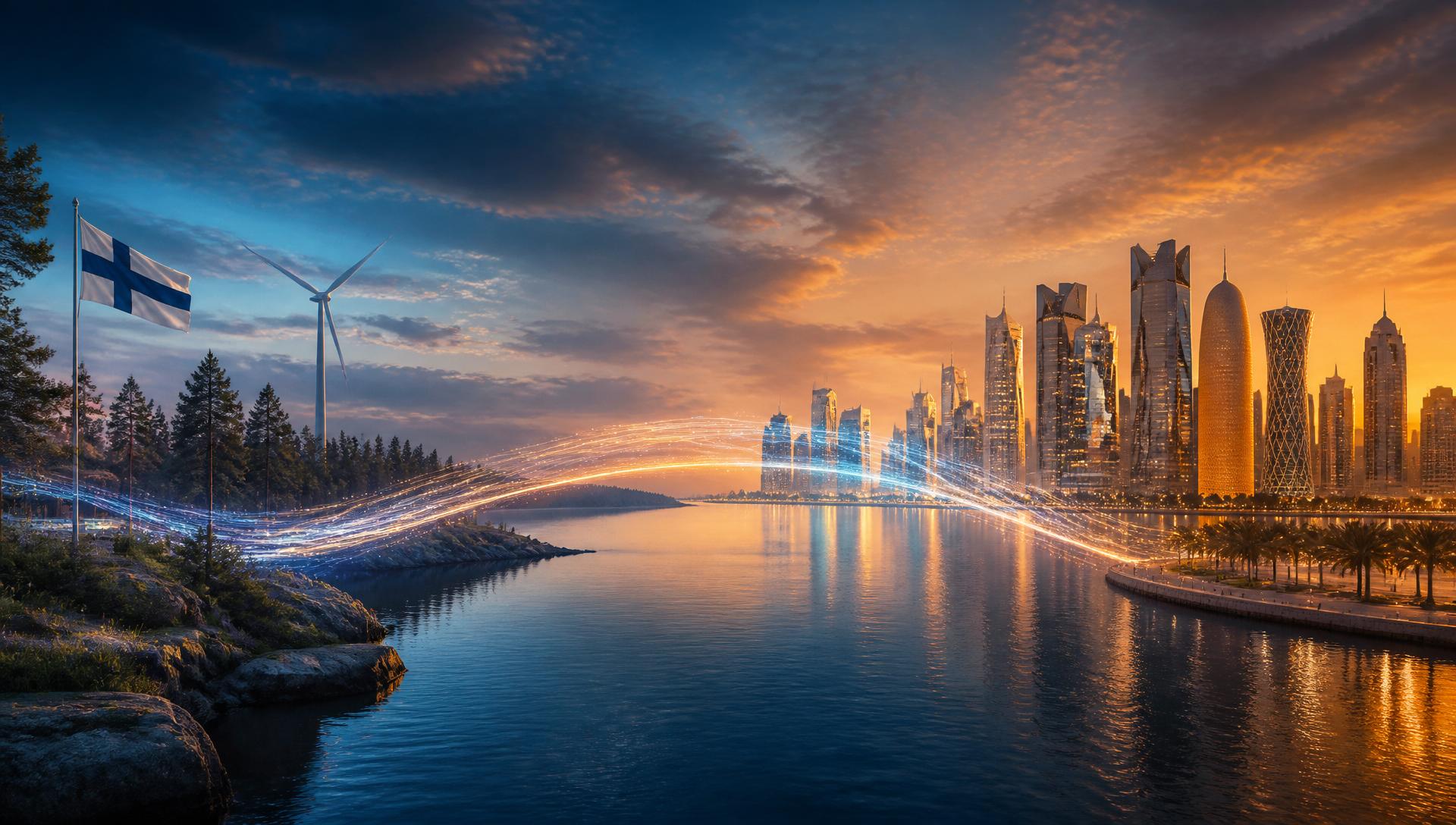 A luminous bridge of light connecting Finnish forest and lake to the Doha skyline at sunset